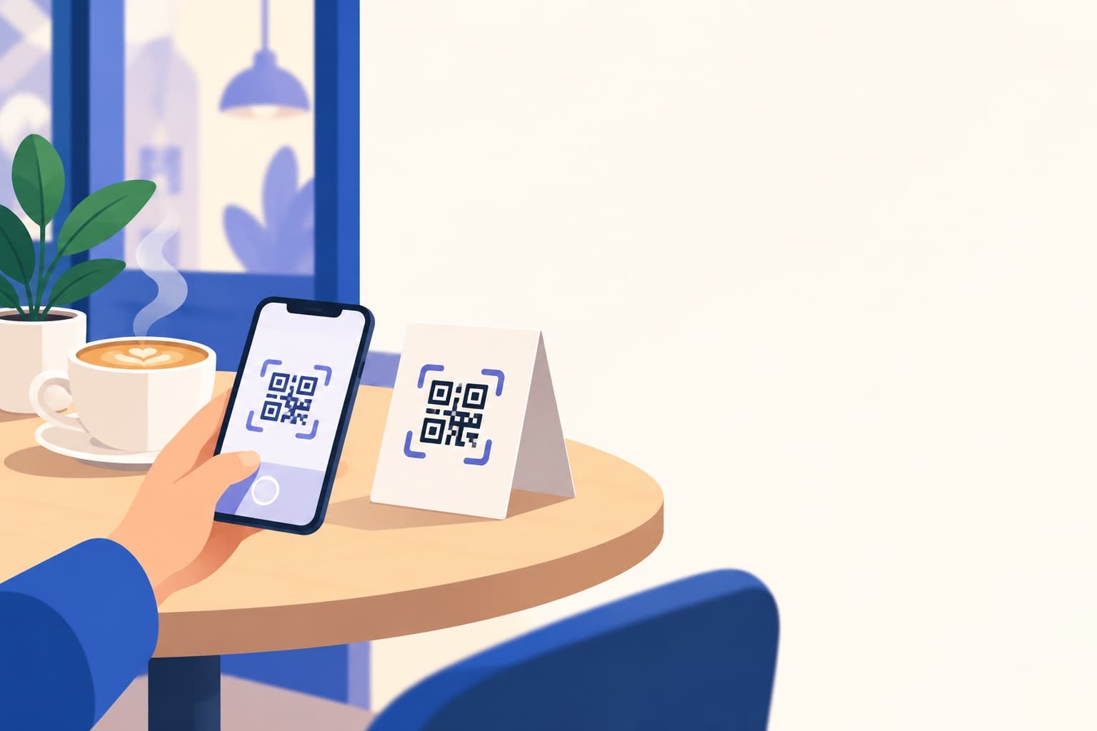 A customer at a café table scanning a QR code table-tent with their phone